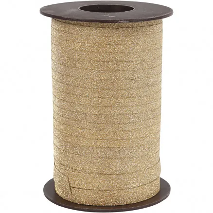 Presentband, guld, B: 10 mm, glitter, 100 m/1 rulle.