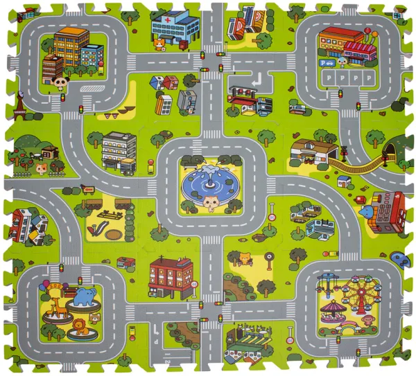 Lekmatta med väg och stad skum. 9 fält